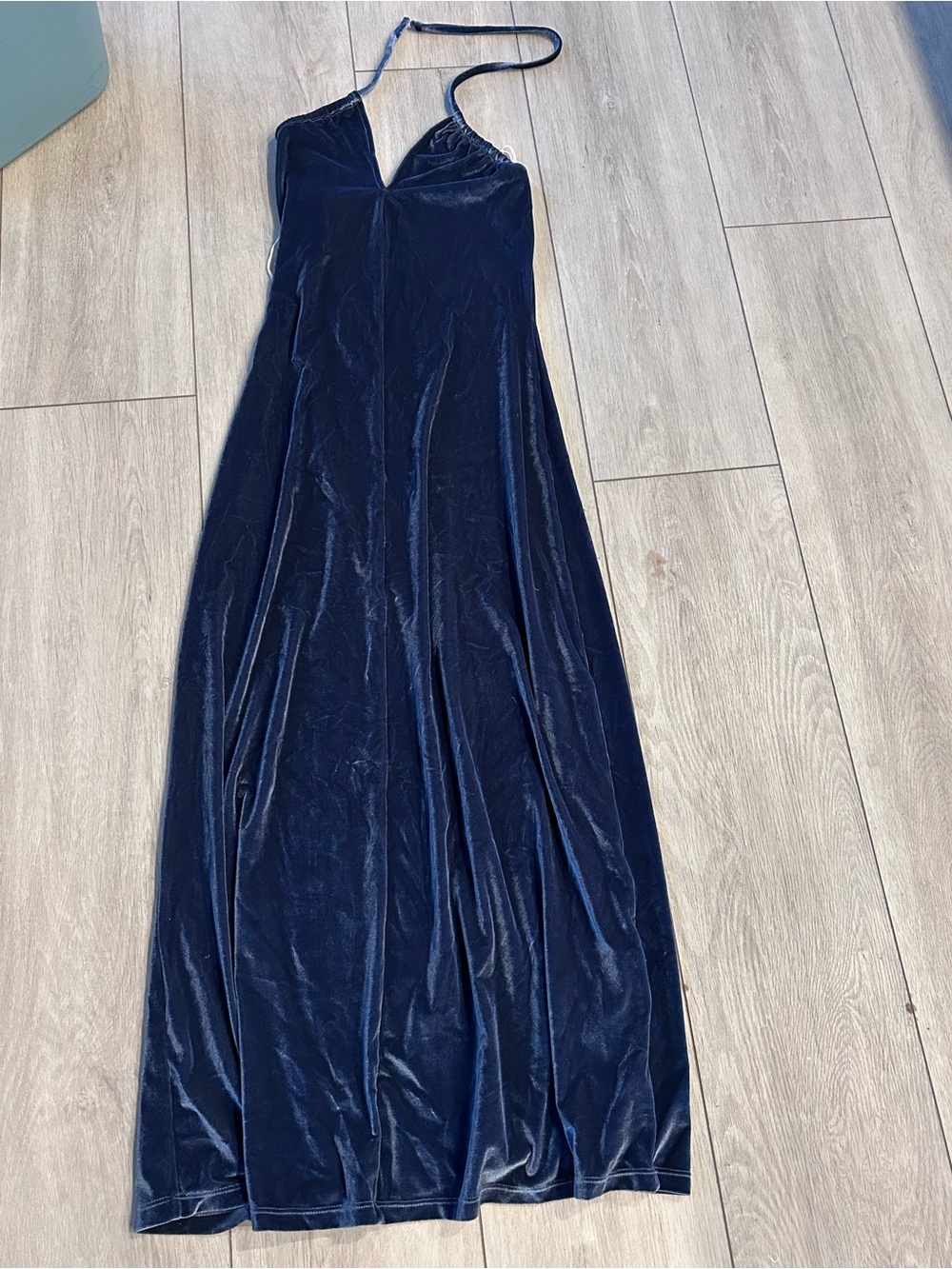 Vintage Finesse U.S.A. Blue Velvet Halter Maxi Dress Slip Bodycon Formal Y2K